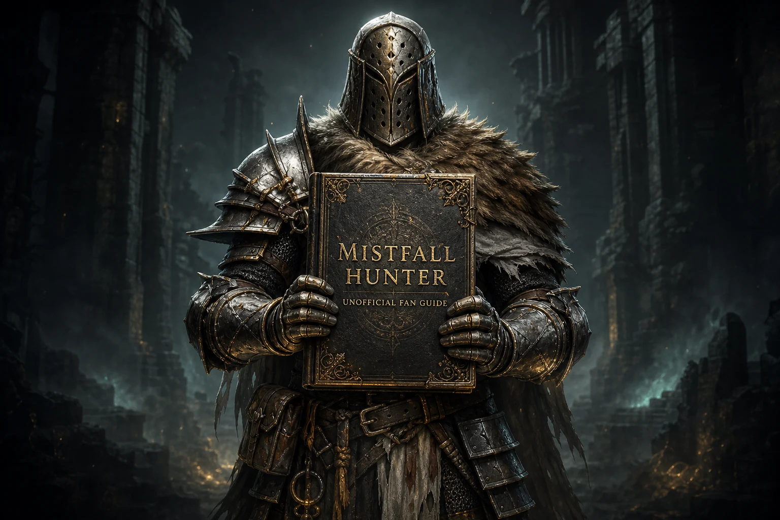 The Withered Knight holding a Mistfall Hunter unofficial fan guidebook in a mist-covered ruin.